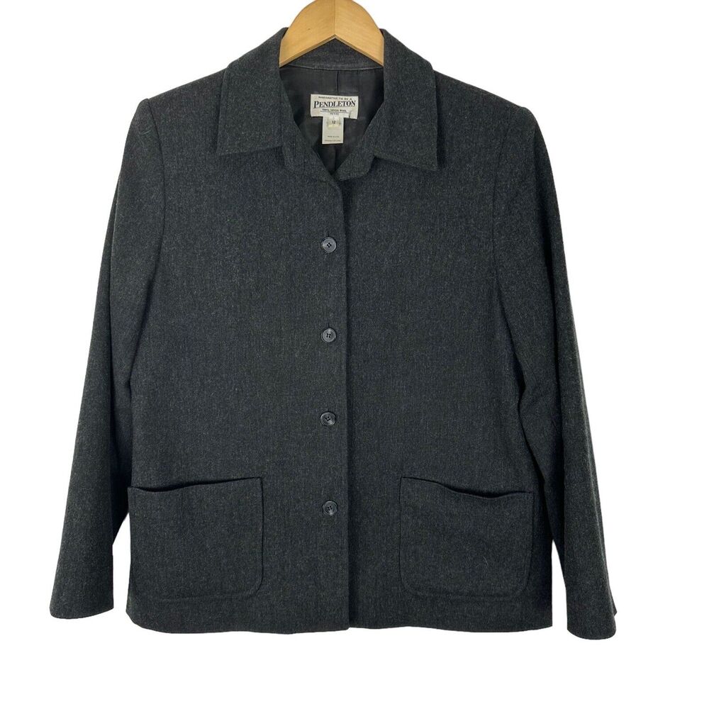 Pendleton Blazer Jacket 100% Virgin Wool Women's 12 Petite Dark Gray Vintage USA